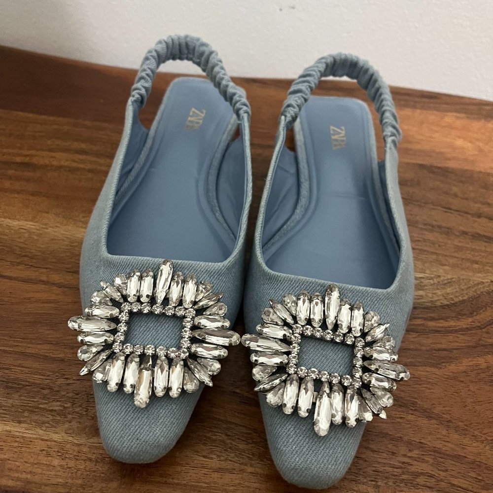 Zara Denim Crystal Slingback Mules